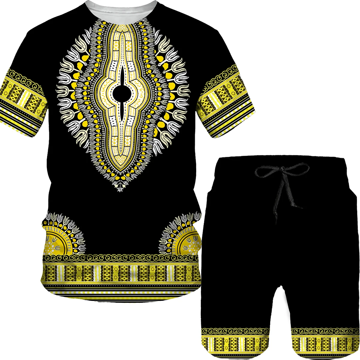 Dashiki-Tops/pantalones cortos estampados con cuello redondo para Hombre, ropa africana de estilo étnico, trajes de estilo callejero, Camiseta Chandal, 6XL