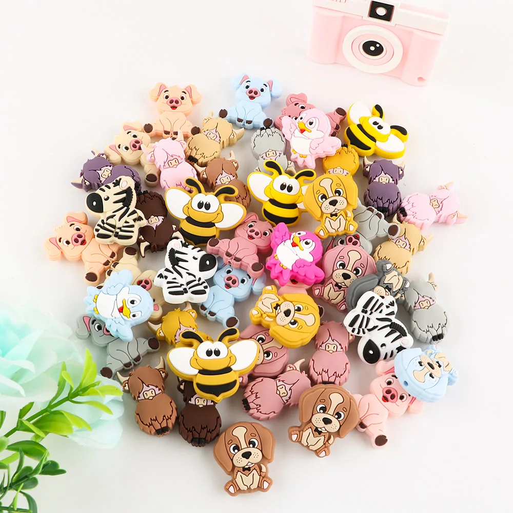 

10 Pcs Pig Dog Pony Zebra Animal Mix Silicone Beads Food Grade Pendant DIY Pacifier Chain Necklace Accessories Baby Teeth Toys