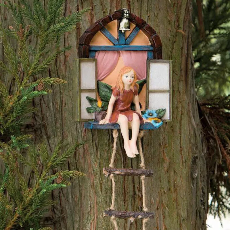 Window Fairy Statue for Garden Decoration Resin Sculptures Climbing Rope Fairy Figures Outdoor Garden House Yard Lawn Ornaments
