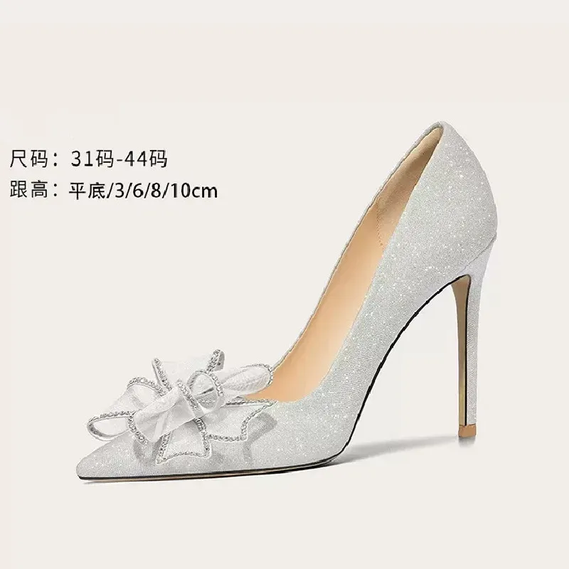 

Spring and summer new pointy sequins diamond bow bride wedding shoes thin high heels banquet dress large small women single shoe