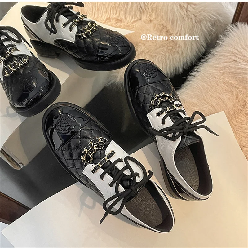 

Black Chain Square Heel Girls Flats Fashion Summer Round Head Patchwork Women Shoes Lace-up Zapatos Mujer