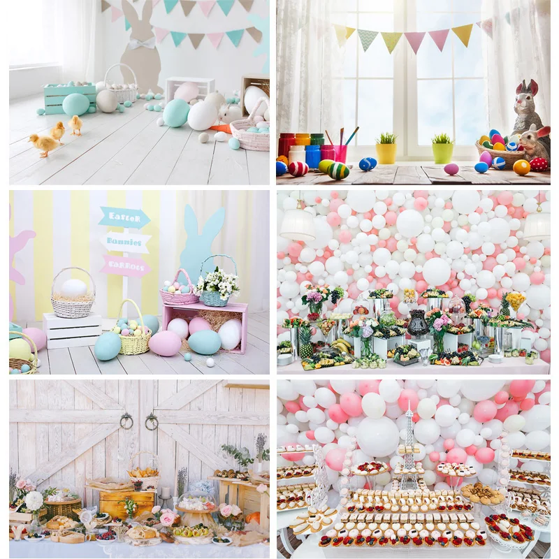 

Spring Easter Photography Backdrop Rabbit Flowers Eggs Wood Board Photo Background Studio Props 2021318FH-03