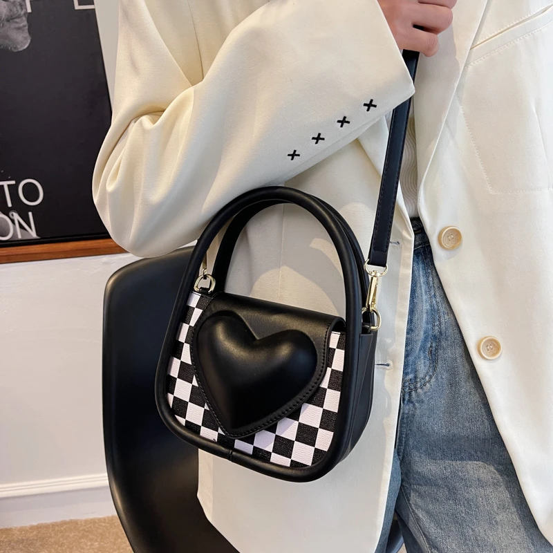 

Heart Women's Bag Trend Small Luxury Designer Handbag PU Leather Crossbody Shoulder Bag Female Checkered Tote Shopping Bags