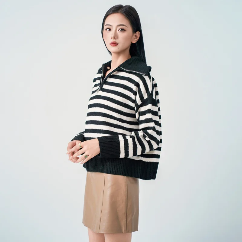 Полосатый свитер с капюшоном на молнии 2024 женский осенне-зимний новый свободный