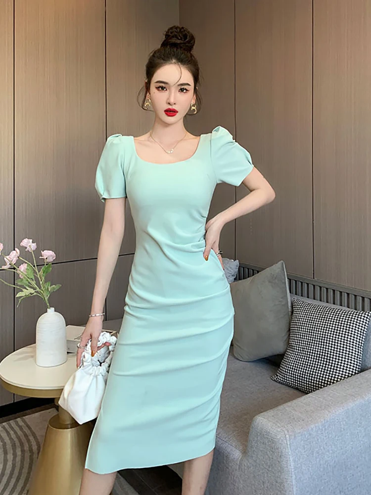 

Dresses For Women 2022 Elegant Fashion Puff Sleeve Party Work Casual High Waist Midi Dress Women's Clothing Vestidos De Mujer