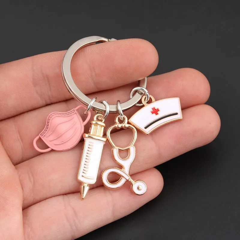 

2023 New Doctor Keychain Medical Tool Key Ring Injection Syringe Stethoscope Nurse Cap Key Chain Medico Gift DIY Jewelry Pendant