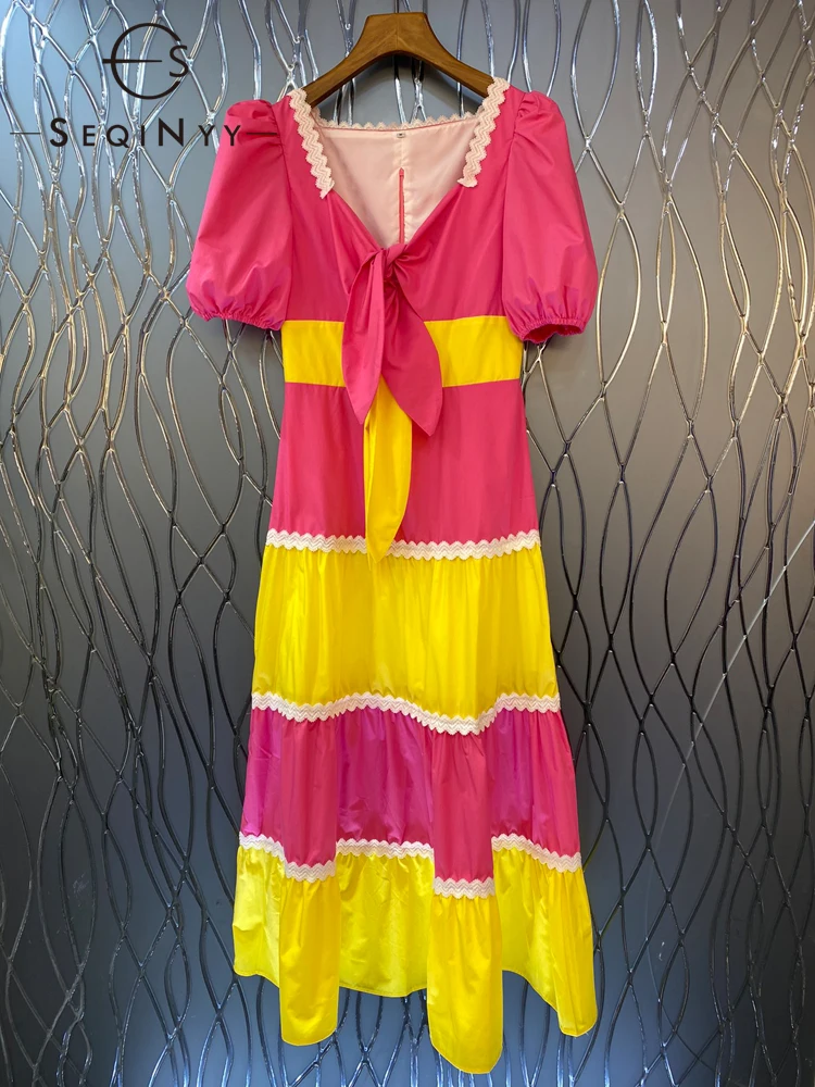 

SEQINYY Bohemian Midi Dress Summer Spring New Fashion Design Women Runway High Street Colorful Stripes A-Line Puff Sleve Bow