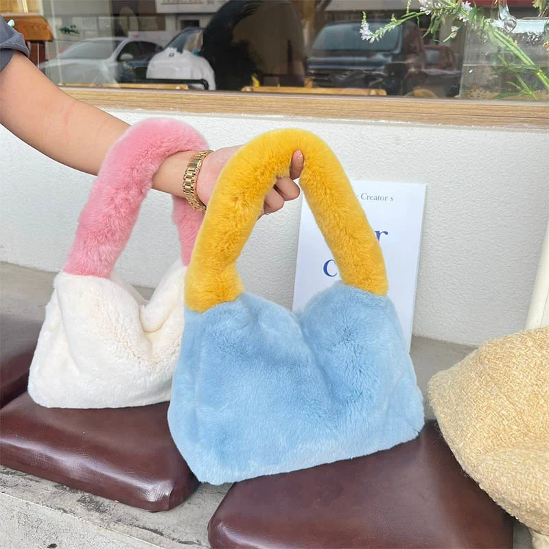 Best-Selling Women's Wrist Bag Bump Color Rex Rabbit Fur Tote Bag Fashion One Shoulder Party Charm Ladies Special Fur Bag