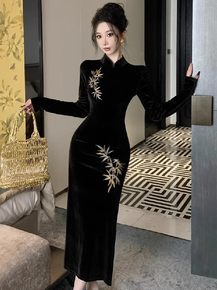 Ezgaga бархатные платья женские сексуальные вышивка воротник-стойка тонкий разрез