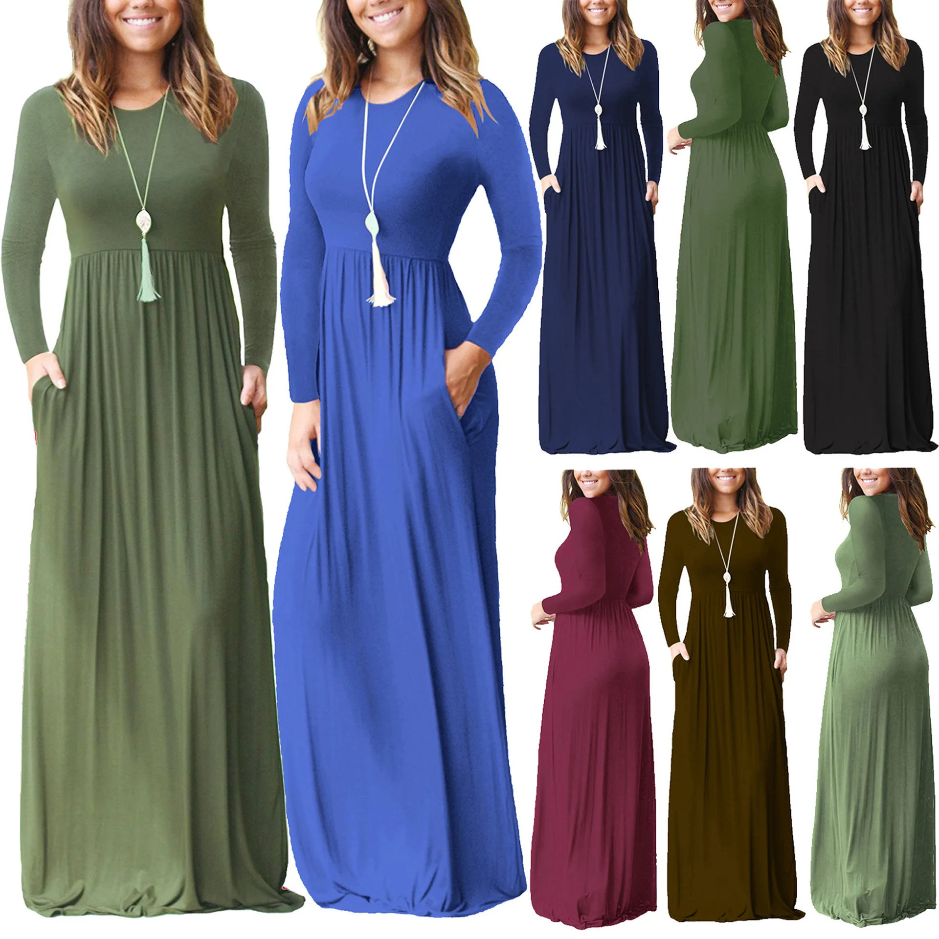 

Europe and the United States hot selling long sleeves elastic waist dress