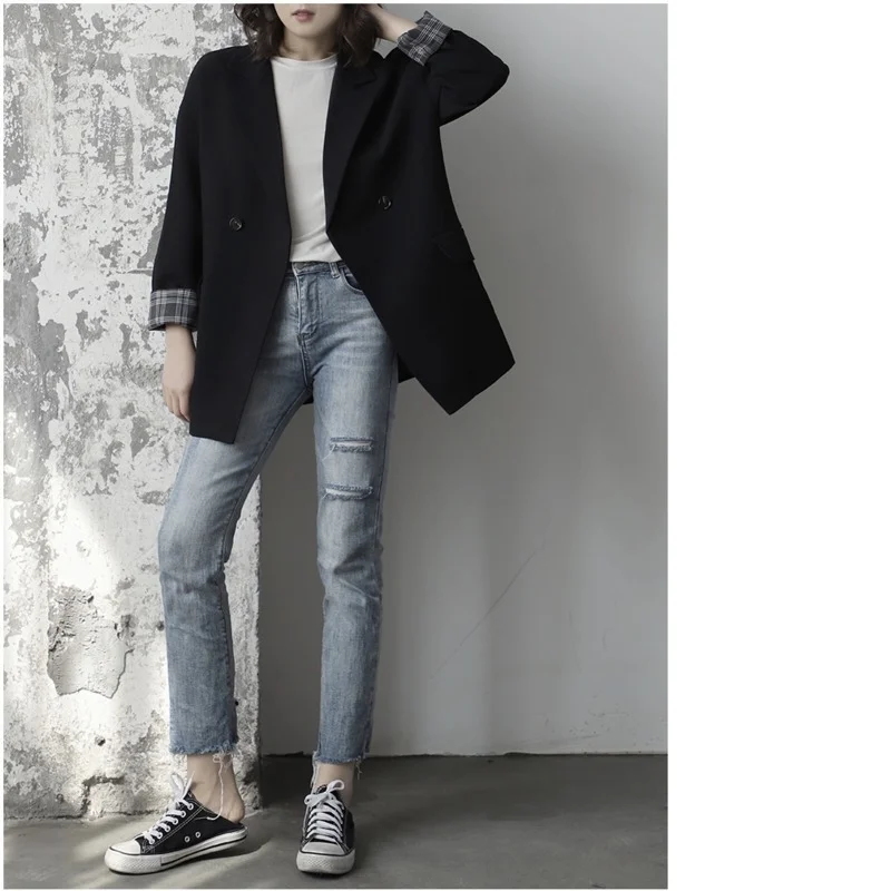 2021 Women Elegant Lapel Single Button Black Blazer Spring Autumn Gray Vintage Jacket Coat Ladies Workwear Female Formal Clothes