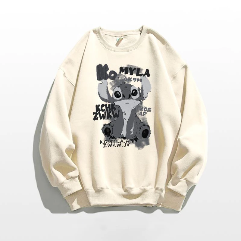 

Nice Looks Stitch Cartoon Long-Sleeved Capless Crewneck Sweater Regular Thin or Fleeced Thickened Oversize Loose Sweatshirt