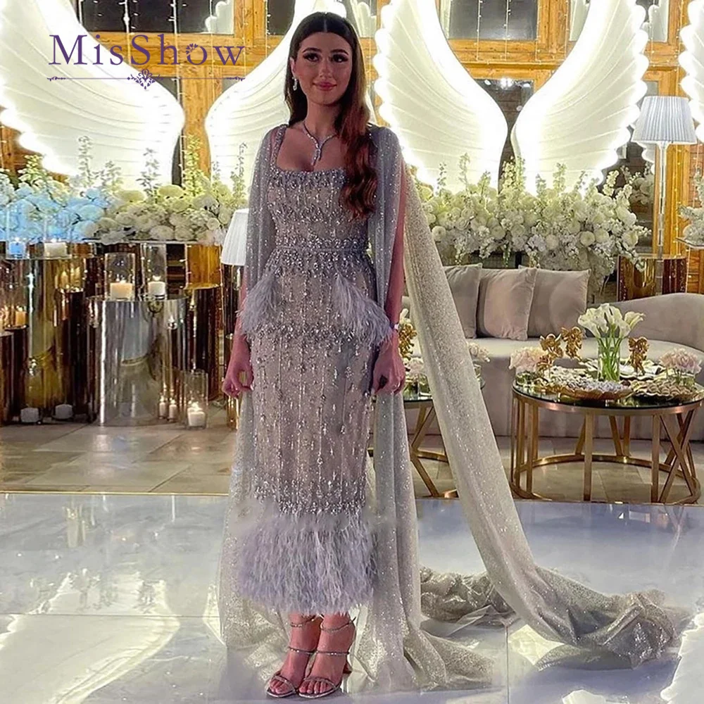 

MisShow Silver Gray Sheath Arabic Evening Dress with Cape Luxury Beaded Feather Dubai Formal Dresses for Women Wedding Party