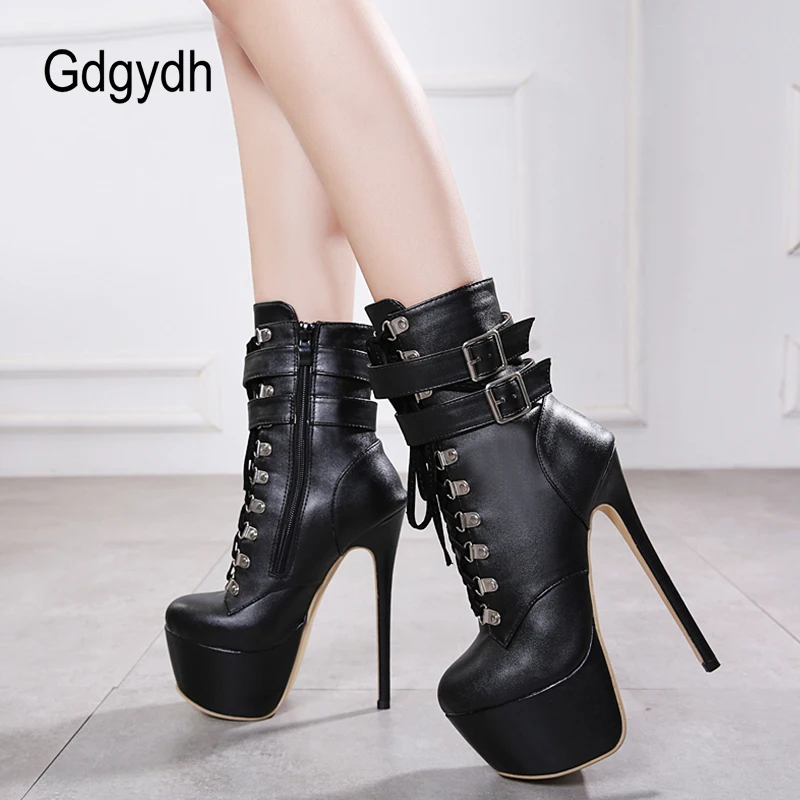 

Gdgydh Women Lace Up Gothic Ankle Boots with Zipper Platform Punk Boots Stiletto High Heel Adjusted Strap Mid Calf Boots Party