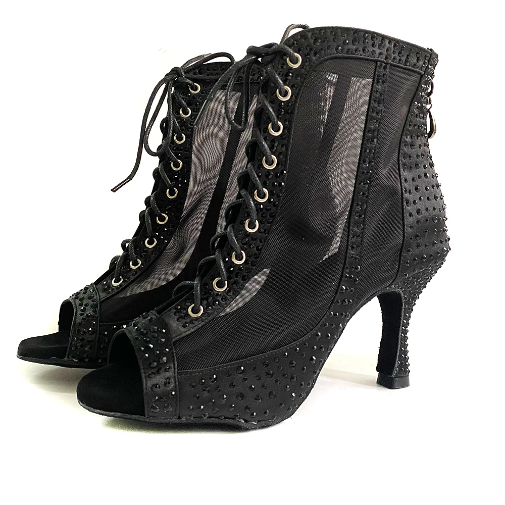 Dance Booties Styles in Different Heels 7cm 8cm 9cm Black Satin Rhinestones Latin Ballroom Dance Shoes For Girls Indoor Outdoor