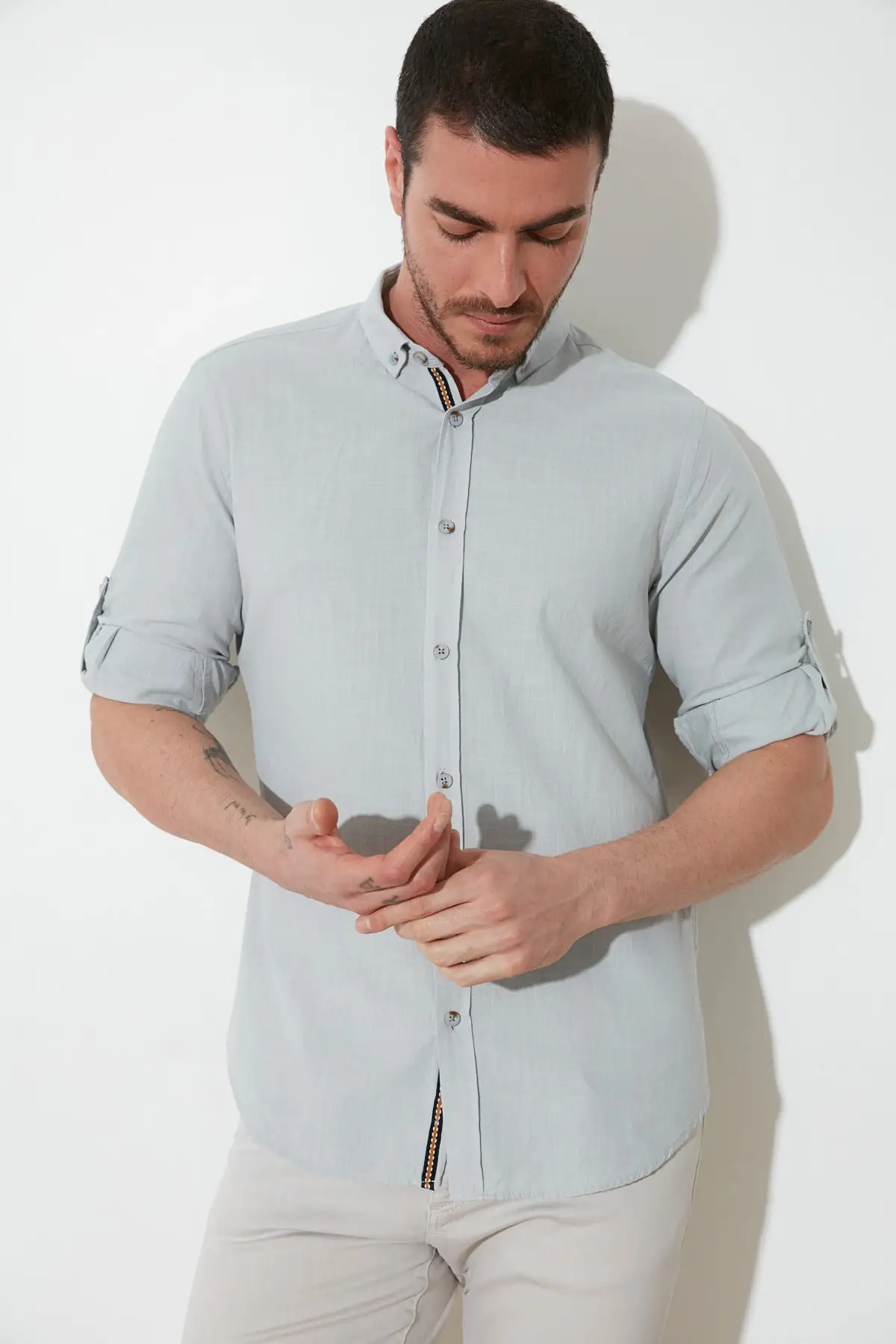 Trendyol Male Button Collar Epaulets Slim Fit Long-Sleeve Shirt TMNSS20GO0189