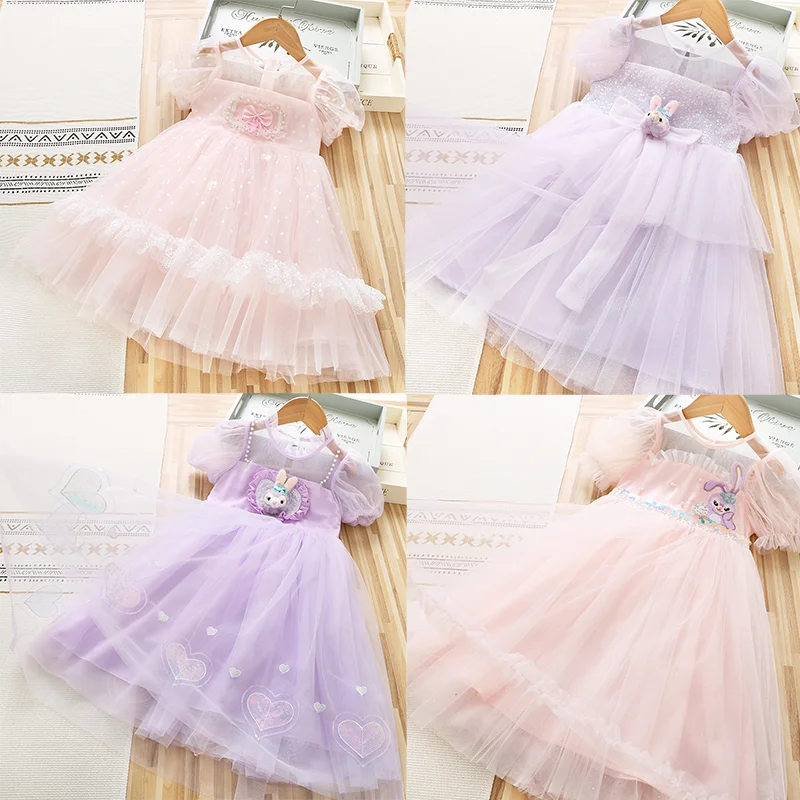 

2022new Girl Princess Dress Sequin Beaded Puff Sleeves Yarn Dress Summer Dresses Heart Polka Dot Lace Girl Birthday Dress 3-10Y