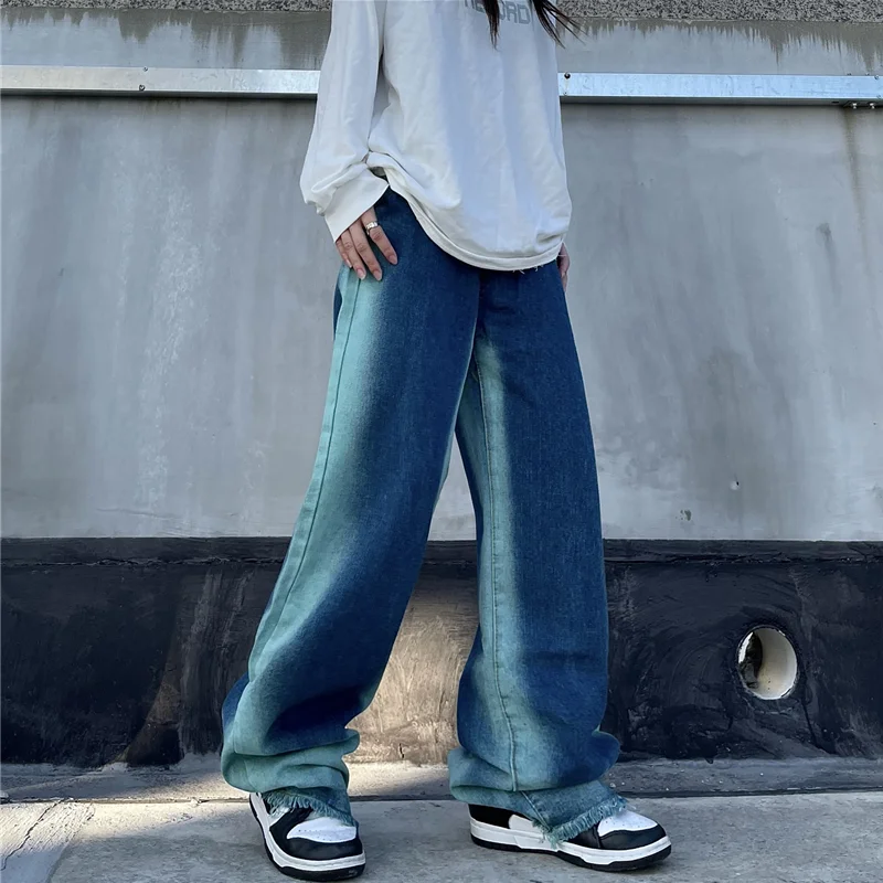 Streetwear Men 2022 New Pattern Vintage Gradient Blue Pants American Straight Cylinder Comfortable Loose Jeans Autumn Female