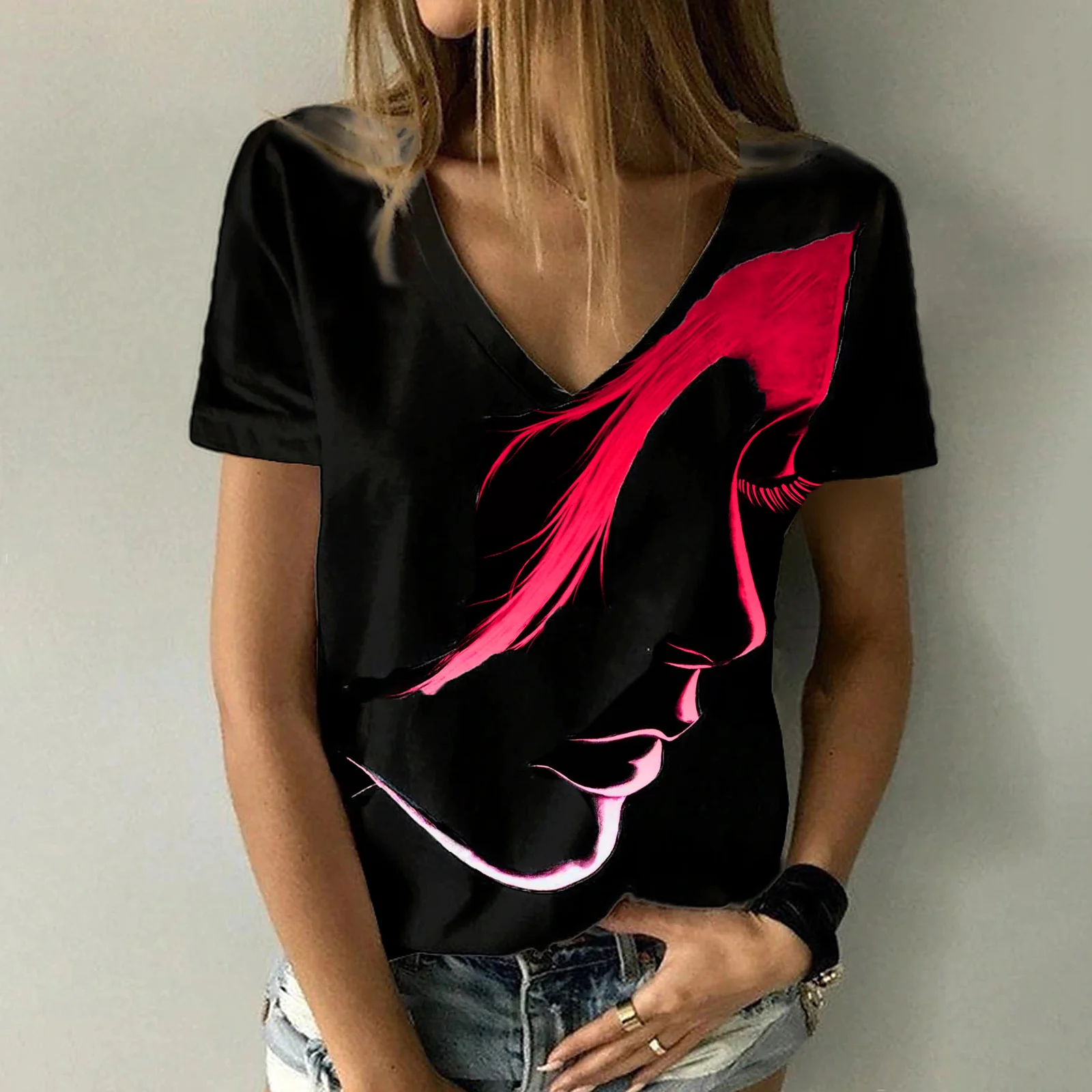 

2022 Summer Women's V Neck T Shirts Abstract Print Painting Pullover Tops New Short Sleeves Tees Female Casual Fational Clothing