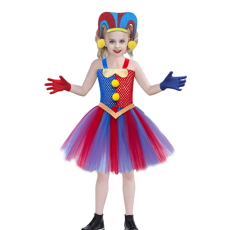 Детский костюм клоуна на Хэллоуин платье для девочек пышное в красочную полоску