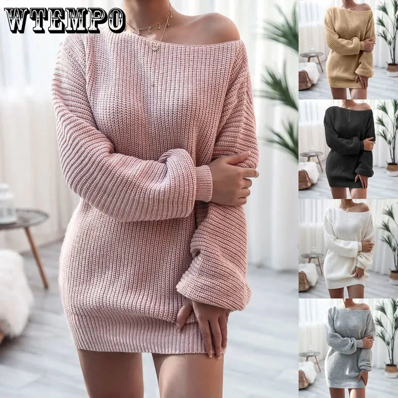 

Женский свитер с открытыми плечами, вязаные платья, Розовый пуловер с длинным рукавом-фонариком, платье-свитер, женские повседневные свитер...