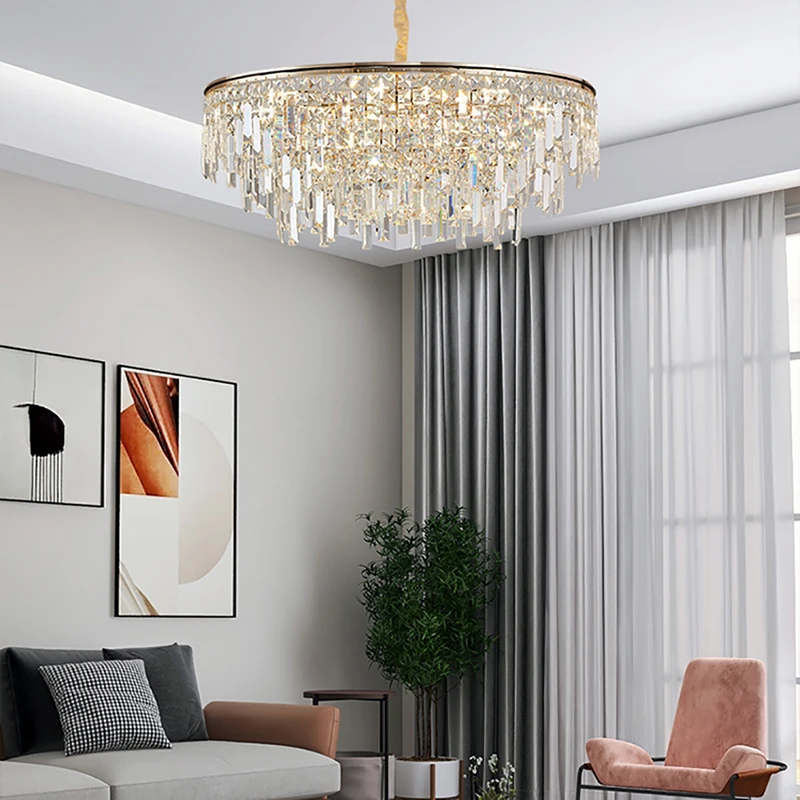

Modern luxury crystal chandelier for living room round gold home decor hanging light fixtures dining bedroom led crystal lamp