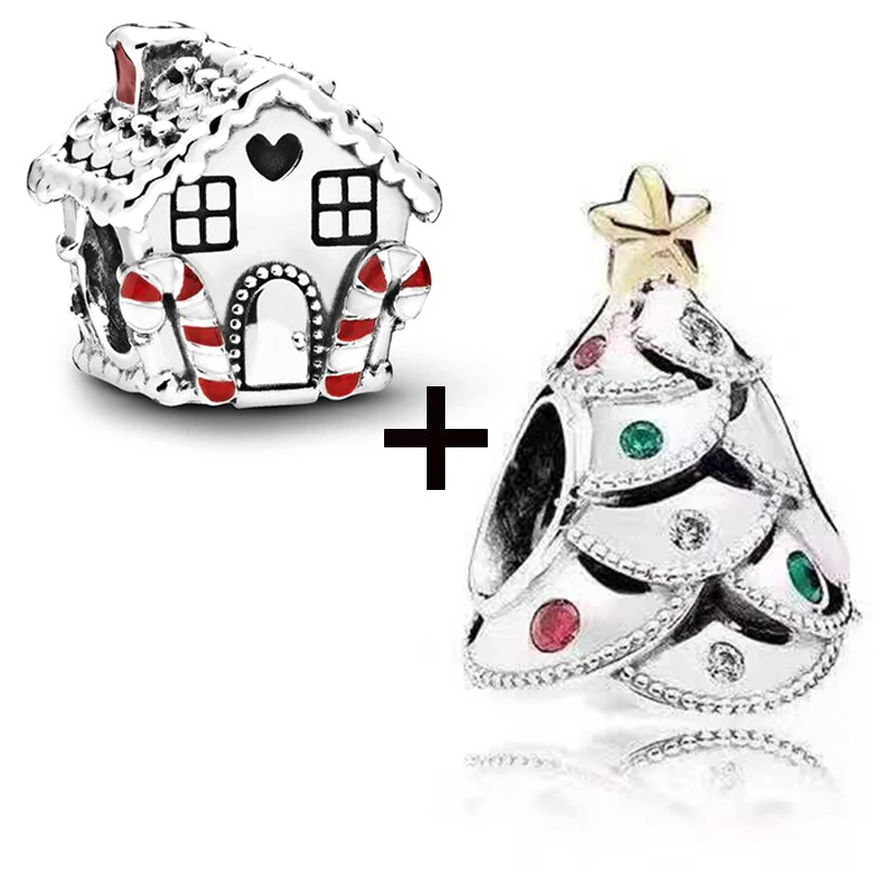 2Pcs/Lot Christmas Tree &amp Xmas House Beads With Apple Pendants Fit DIY Charm Bracelet Necklace For Women Kid Festival Gift