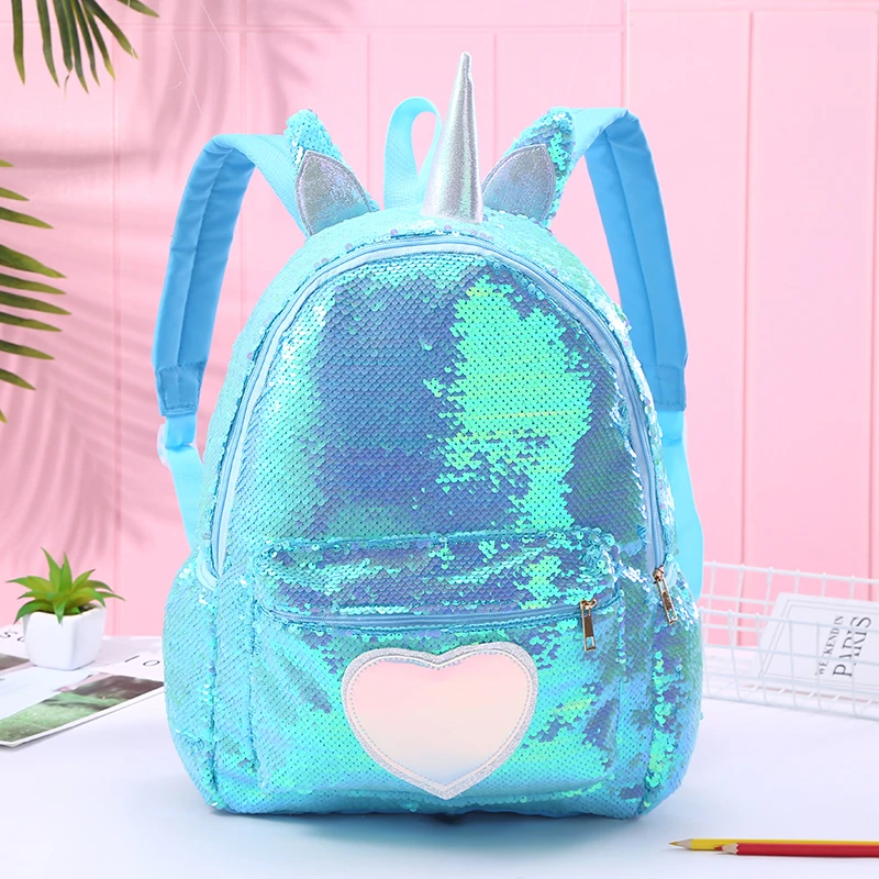 Unicorn Bag Sequin Children Backpack for Girls Schoolbag Hologram Heart Kawayi Kids Bags Preschool Backpack