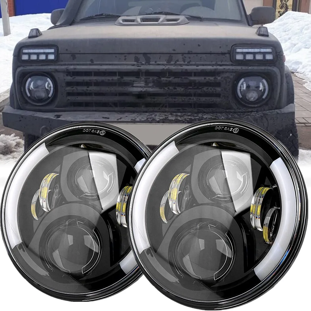 

Car DRL Halo 7Inch Led Headlight For Niva Lada 4x4 Offroad Jeep Wrangler Headlight 7 Inch Angel Eyes VAZ UAZ Hunter Accessories