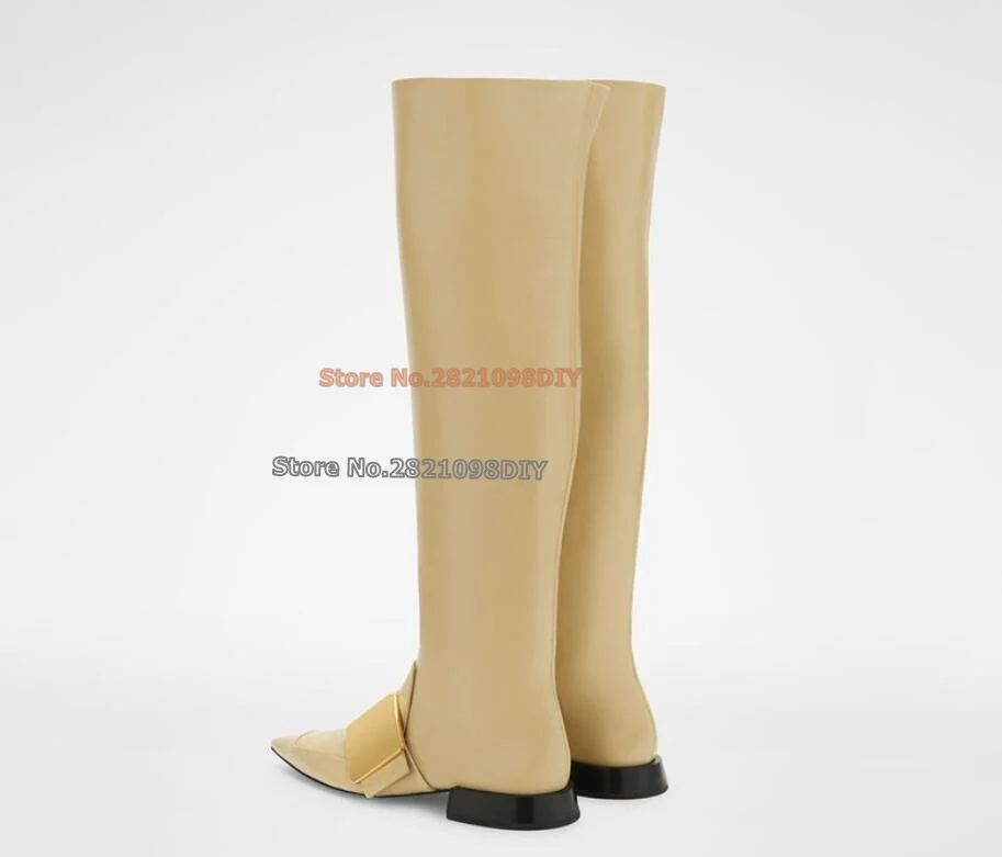 20Mm Heeled Gold Colored Metal Buckle Pointed Toe. Leather Lining Knee High Women Winter Long Boots Plus Size 35-45