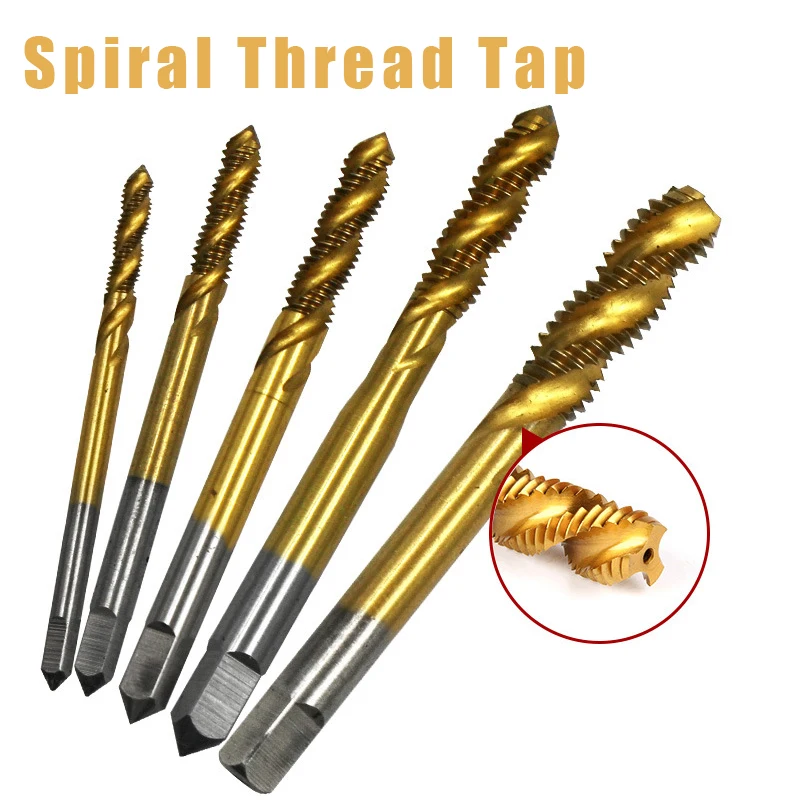 5PCS Titanium Coated Thread Tap Drill Metric Hss Spiral Fluted Machine Screw Tap M3 M4 M5 M6 M8 Spiral Pointed Taps Hand Tap