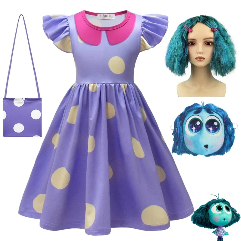 Inside Out 2 Envy Cosplay Costume Princess Dress +Wig+ Bag for Kids Girls Halloween Carnival Birthday Happiness Up Outfits
