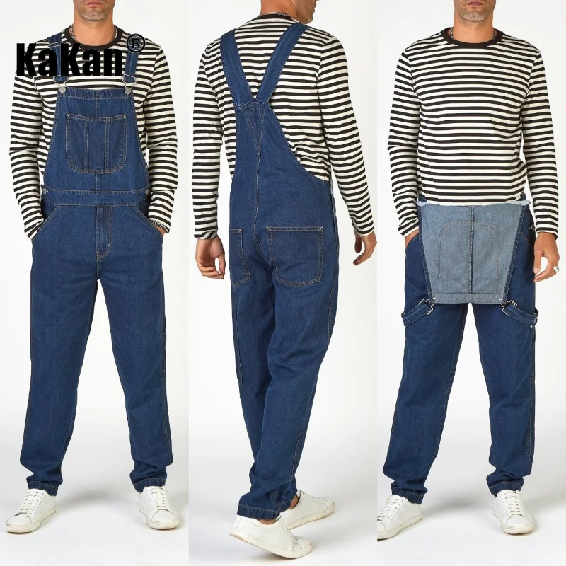Kakan - New Street Trendy Men's Strap Jeans From Europe and America, Dark Blue One Piece Strap Jeans K34-777