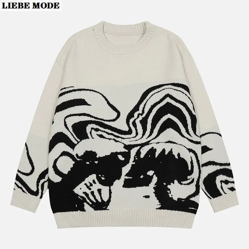 

Свитер мужской в стиле ретро, уличная одежда, винтажный пуловер в стиле хип-хоп с рисунком черепа, Свободный Повседневный шерстяной вязаный свитер, Осень-зима