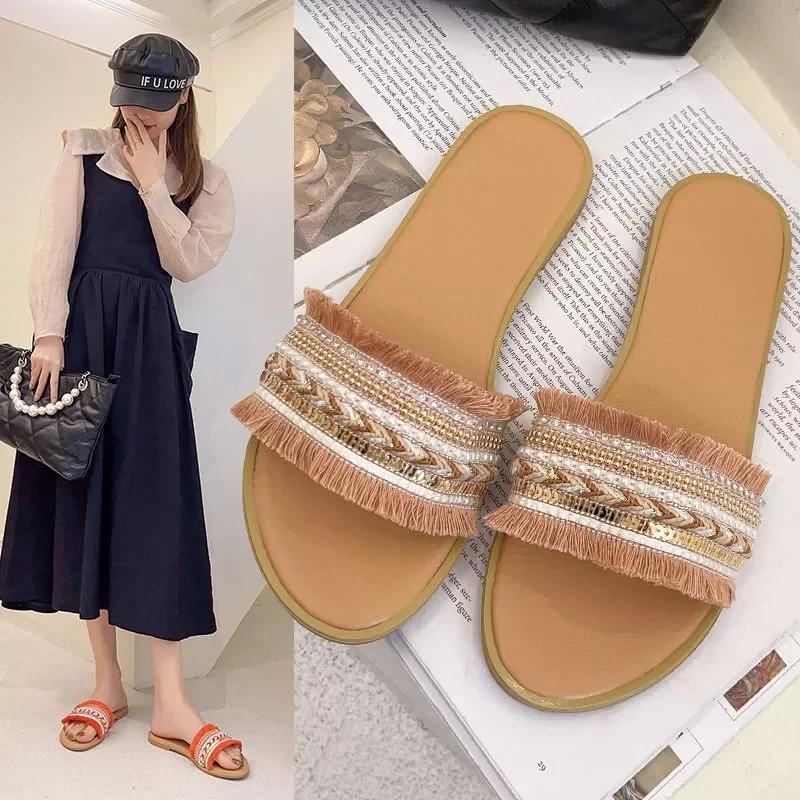 

2023New chaussure femme sandalias designer shoes large size female cool slippers beach tassel slippers