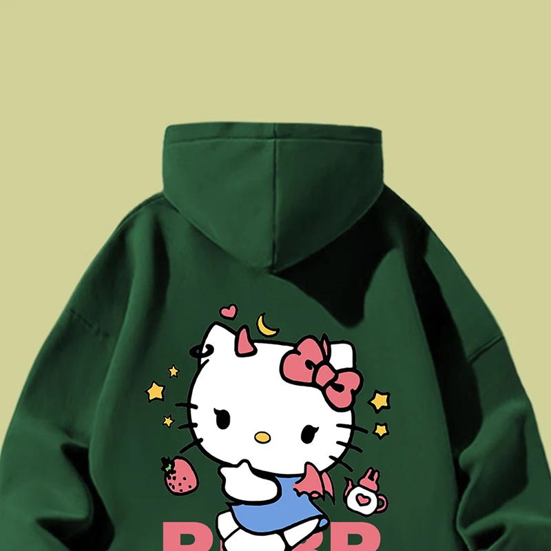 

Kawaii Hello Kitty Cartoon Printed Sweater Hoodies Cotton Regular or Fleeced Thickened Trendy Hooded Tops for Fall and Winter