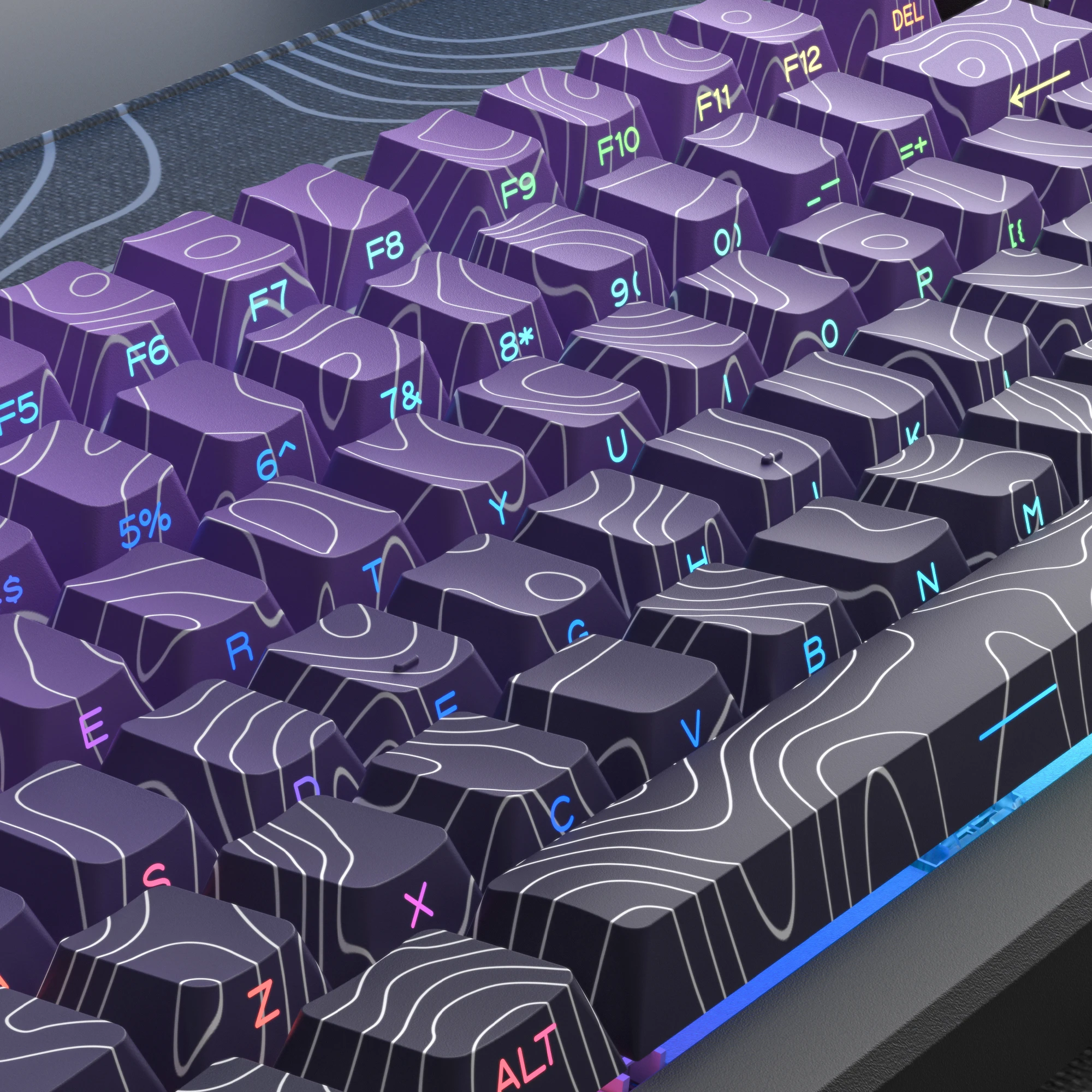 130-клавишные колпачки для клавиш Double Shot Dye Sub PBT с фиолетовым топографическим