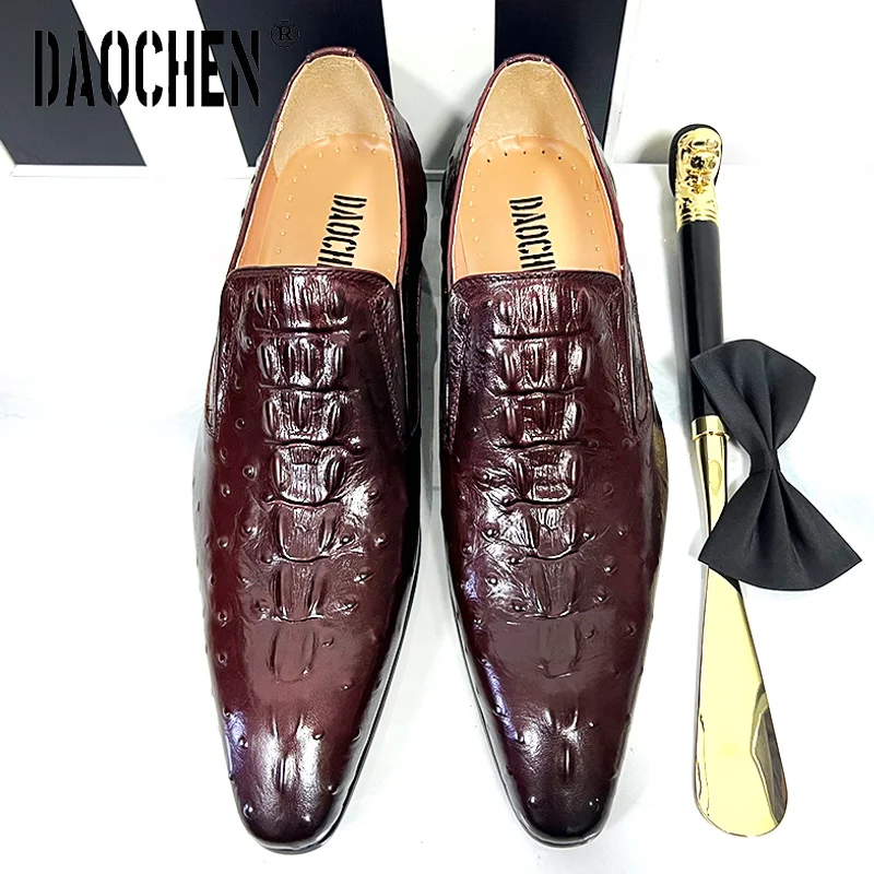 Luxury Brand Men Leather Shoes Black Burgundy Crocodile Prints Pointed Toe Casual Mens Dress Shoes Slip on Loafers Shoes For Men