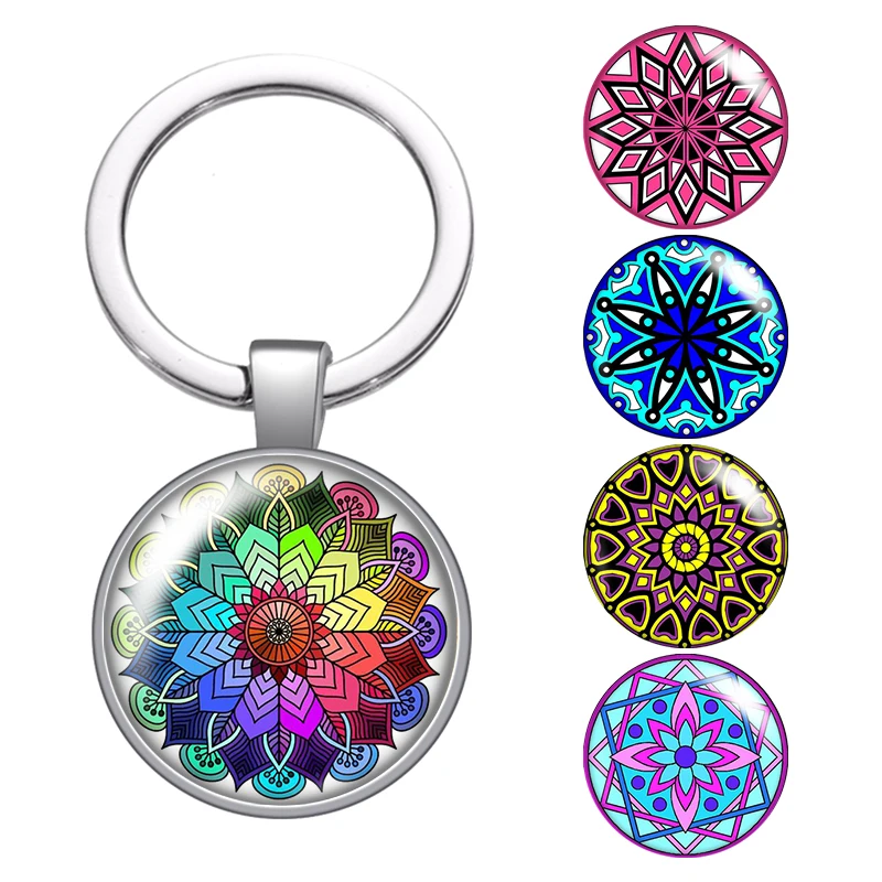

LE Patterns Beauty Colorful Glass Cabochon Keychain Bag Car Key Chain Ring Holder Charms Silver Color Keychains For Man Women