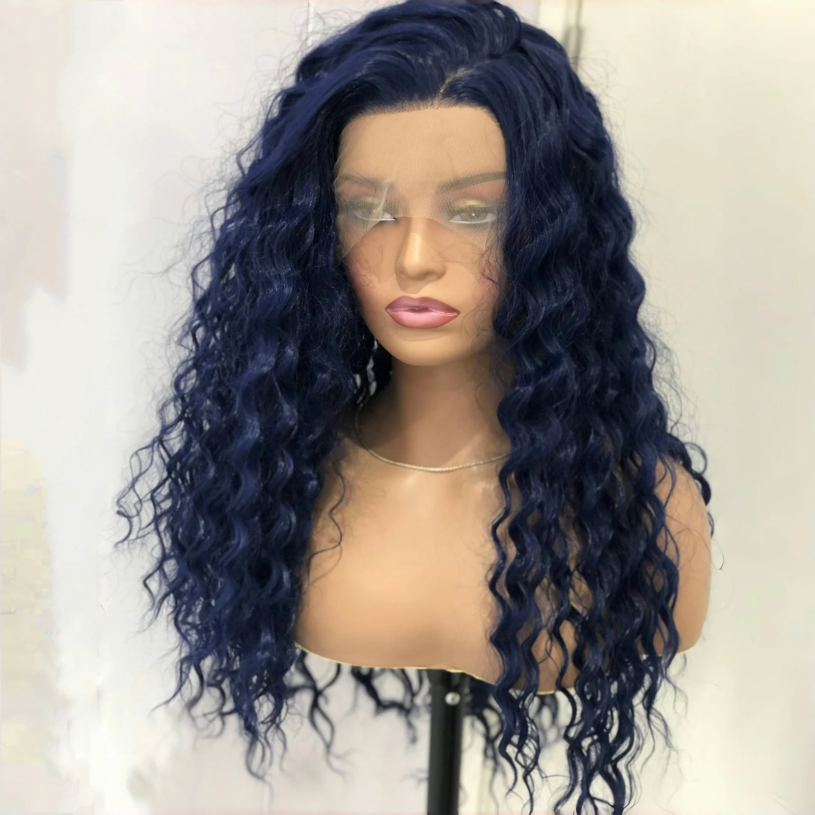 Темно-синий Вьющийся Синтетический Парик Спереди Натуральные Афро-длинные