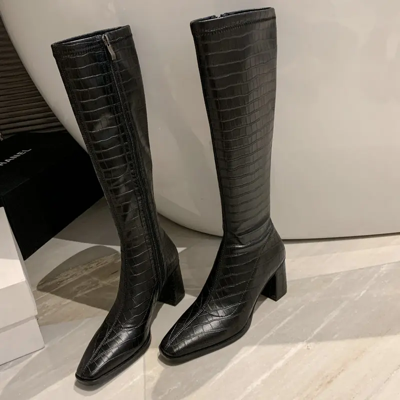 

Concise Casual High Heels Genuine Leather Basic Women Knee-High Boots Autumn Winter Fashion Side Zipper Long Shoes Woman