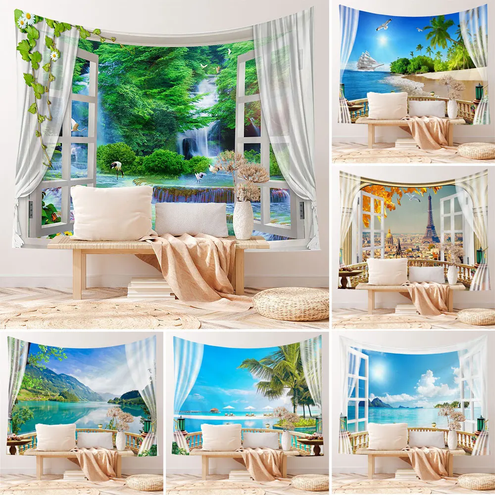

Dusk Sunset Happy Mood Holiday Seaside False Window Scenery Tapestry Hippie 150x130cm Living Room Decoration Gift For Friends