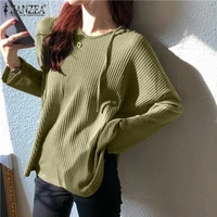 women waffle hoodies hooded 2022 spring summer long sleeve tops tunic zanzea oversized casual solid loose blouse blusas chemise