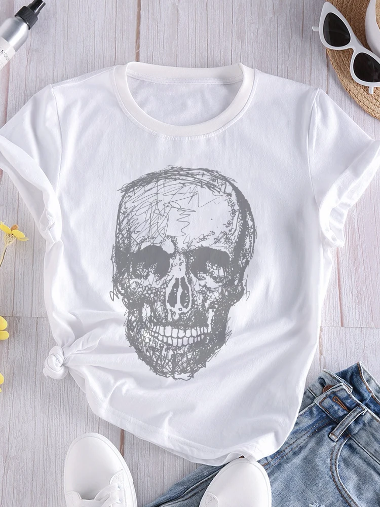 Купи T-shirts Skull Korean Fashion Women Funny Print T Shirt Summer O Neck Clothes Short Sleeve Tshirt Women Clothing Tops, Drop Ship за 187 рублей в магазине AliExpress