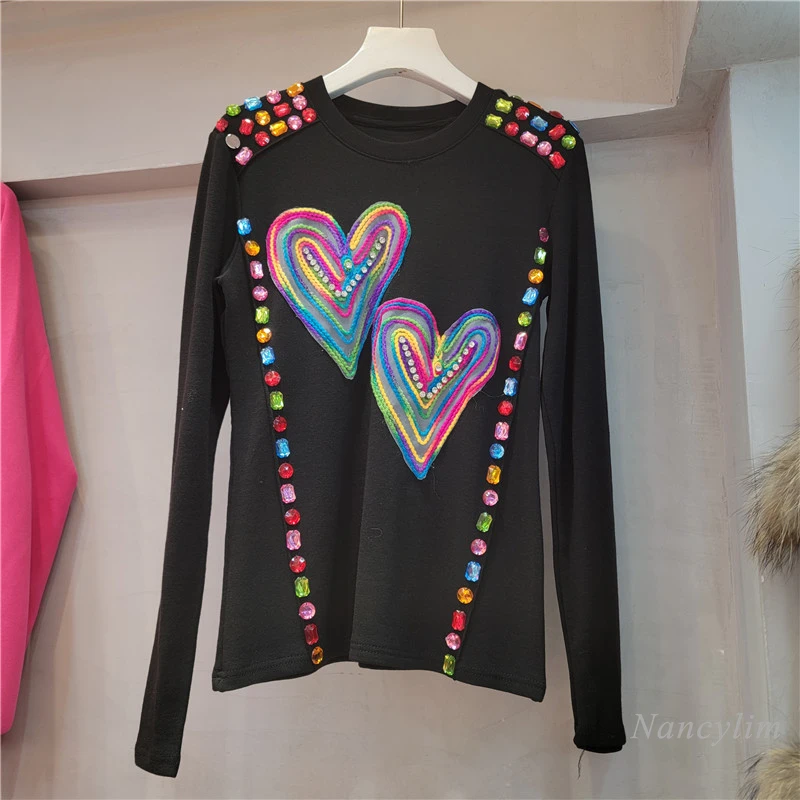 

European Fashion Black T-Shirts Woman 2023 Autumn and Winter New Color Rhinestone Love Studded Bottoming T-shirt Female Top