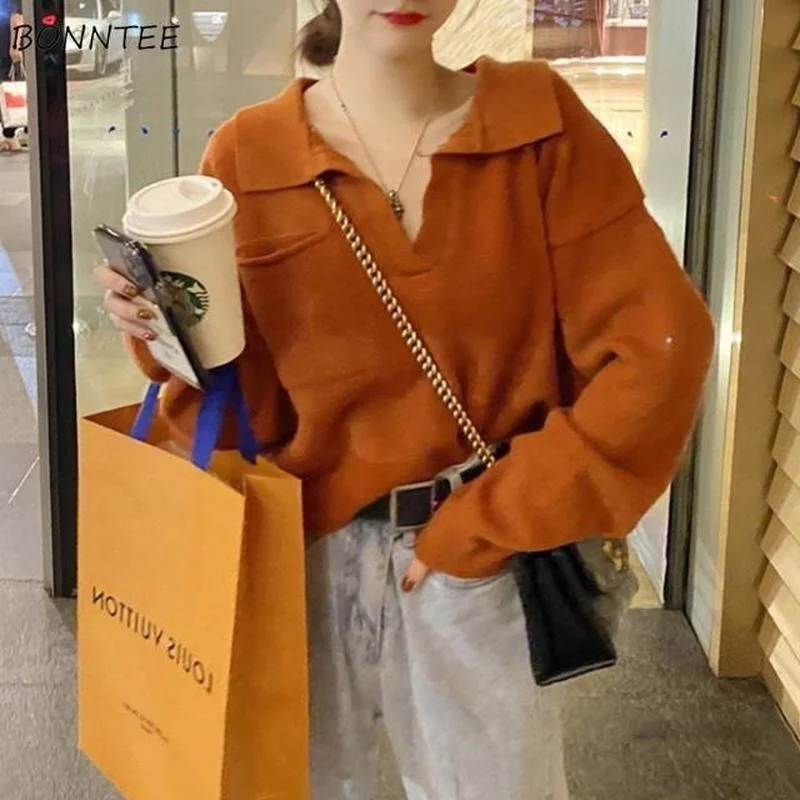 

Sweater Women Vintage Knitted Autumn Pockets College Solid All-match Pullovers Ladies Newly Ins Simple Temperament Korean Style