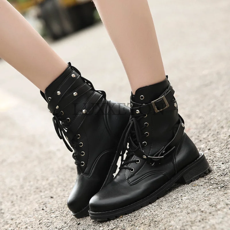 

Women Winter Brand Motorcycle Boots Flat Buckle Mid-calf Pu Leather Fashion Brown Snow The New Listing Luxury Designer