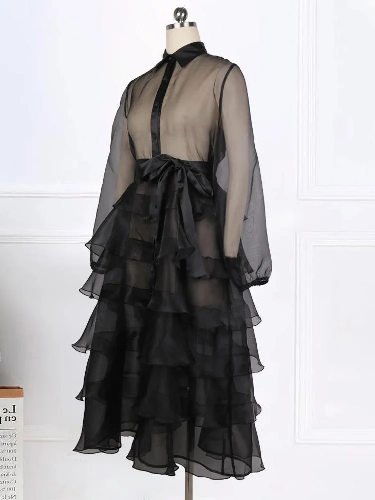 Fashion Women Black Party Dress Sexy See Through Long Sleeve Ruffle Dresses Birthday Event Celebrity Vestidos Gowns Big Size XL