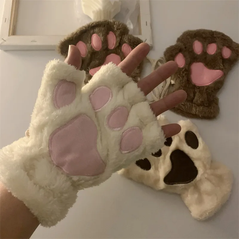 Kawaii Ladies Cat Gloves Fashion Girl Cat Claw Plush Mittens Warm Soft Plush Short Fingerless Half Finger Winter Gloves
