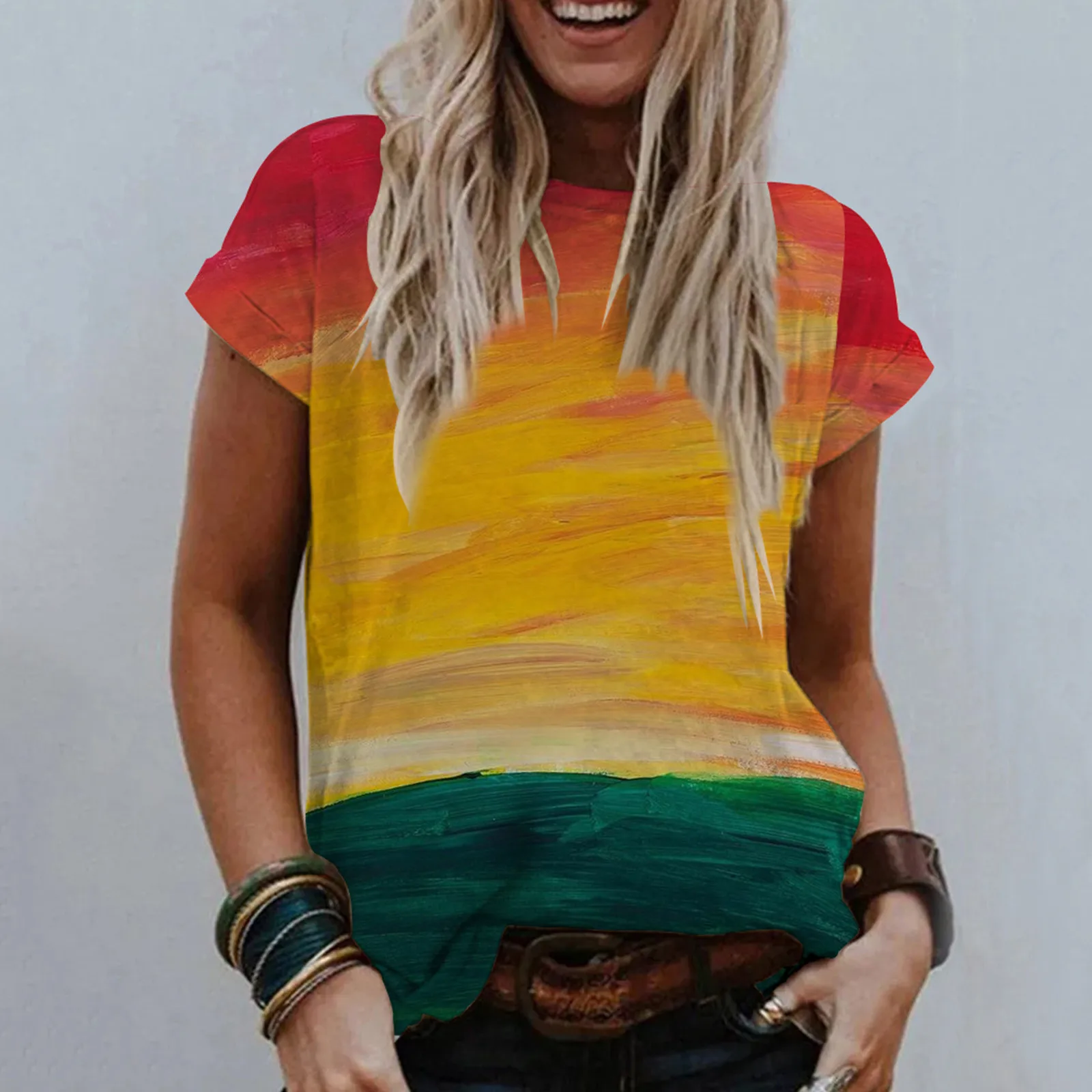 

Женские рубашки с коротким рукавом, женские повседневные летние топы, футболка с коротким рукавом и круглым вырезом с цветочным принтом, же...